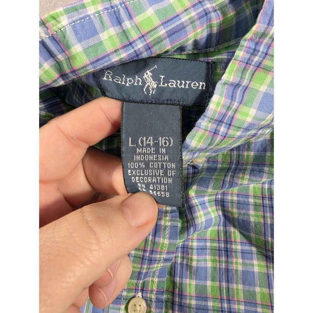 Ralph Lauren Short Sleeve Blue Green Plaid Button Up Shirt Youth Boys L (14-16)‎